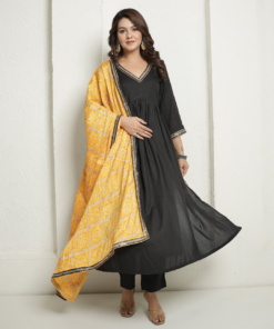 Black Kurta and Pants with Yellow Bandhej Dupatta - Image 7