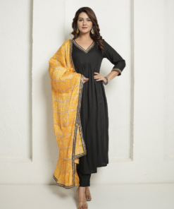 Black Kurta and Pants with Yellow Bandhej Dupatta - Image 8
